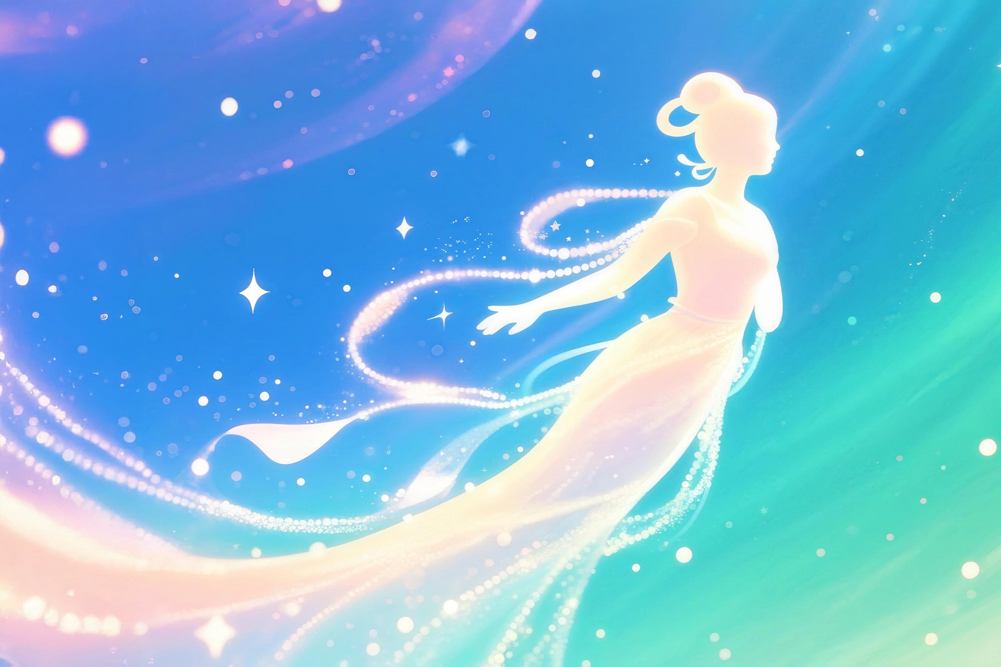 Ethereal figure in a flowing dress against a gradient sky with stars
