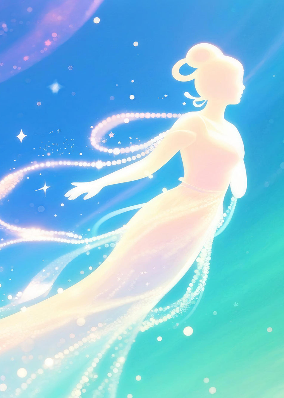 Artistic depiction of a woman with flowing hair and a light dress against a gradient blue and green background.